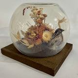 Vintage 60s Dried Flower Glass Terrarium Bird Floral Strawflower Daisy Bouquet Dried Flower