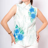Hydrangea Hand Painted Linen Button Down Blouse Floral Sleeveless Blouse Size M Hydrangea