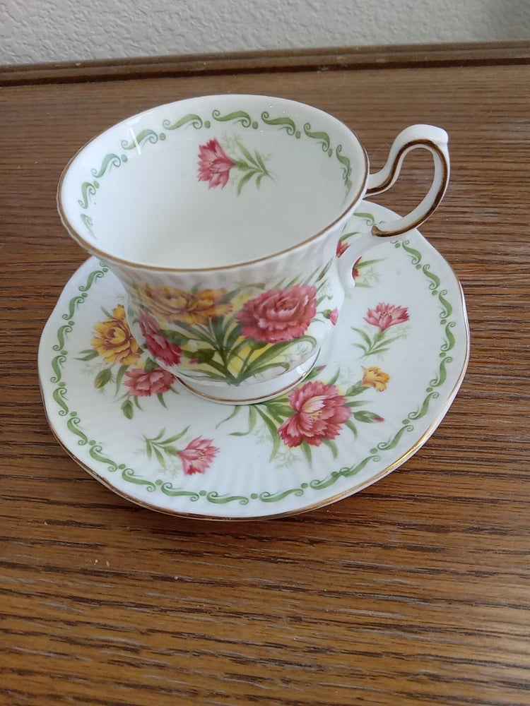 Vintage Queens Rosina China Carnation Flowers Teacup Saucer 2 Pc Pink Yellow Carnation