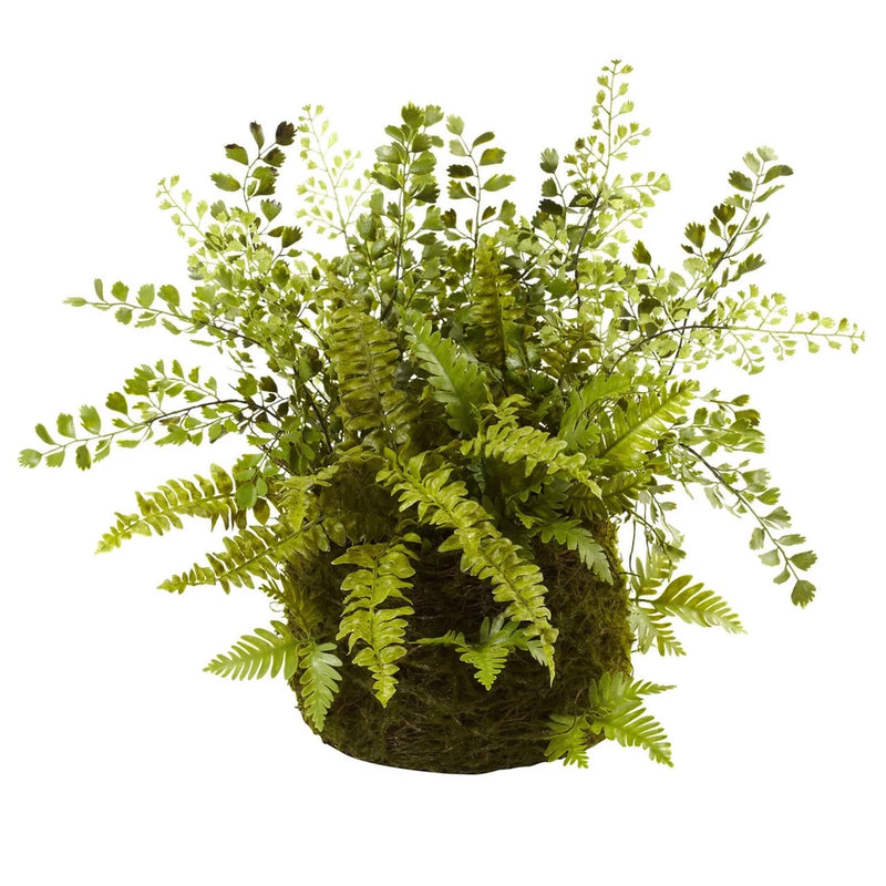 Artificial mixed fern plant in woven moss basket, green leaves with twig accents