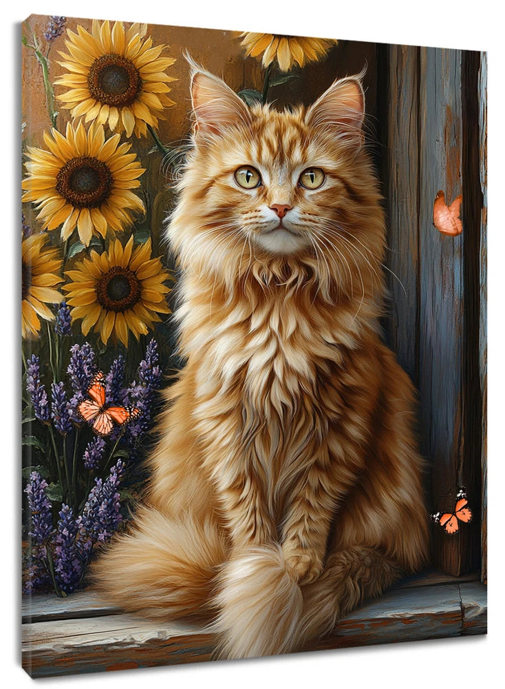 Rustic Yellow Sunflower Orange Cat Canvas Wall Art for Bathroom Living Room Sunflower