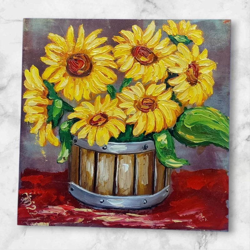 Sunflower oil painting still life in a vase, yellow blooms with green leaves, OOAK wall art