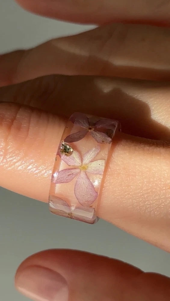 Hydrangea Resin Ring, Wide Band with Real Pink Flowers, Nature Inspired Hydrangea
