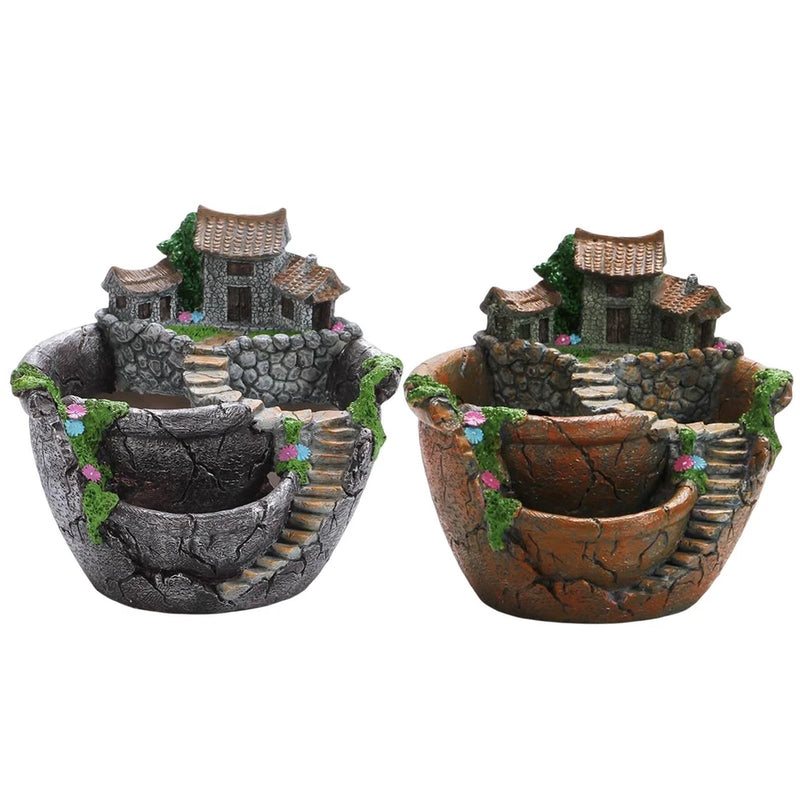 Decorative stone village planter pot with miniature house and waterfall design