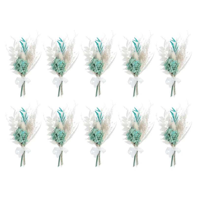 Set of 10 mini pampas grass bouquets with teal and white dried plumes, for DIY crafts