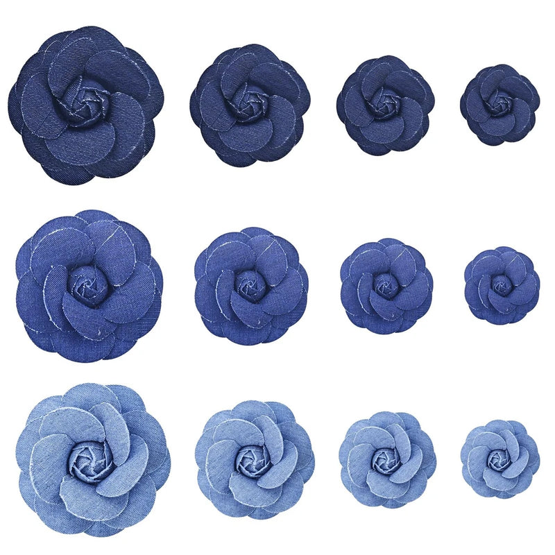 12PCS Fabric Flower Blue Denim Cloth Flowers Ribbon Flowering Plants