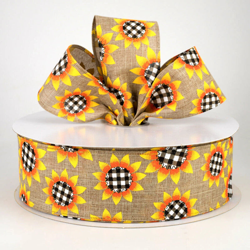 Natural wired ribbon, sunflower and black buffalo plaid accents, fall floral print, 2.5"