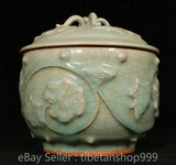 6.4" Chinese Longquan Kiln Lavender Grey Glaze Porcelain Peony Flower Lid Pot Peony
