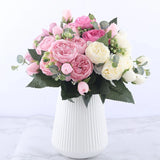 30cm Silk Rose Peony Artificial Flower Bouquet 5 Big Head 4 Small Bud Home Decor Peony