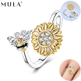 MULA European Sunflower Bee Open Ring 925 Sterling Silver CZ For Women Jewelry Sunflower