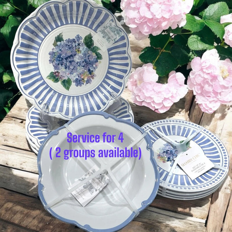 SHABBY CHIC HYDRANGEAS 12pc NEW Service for 4 (or8) Dinner Plate Salad Bowls Hydrangea