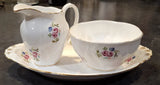 Royal Albert Open Sugar, Creamer w/ Underplate Pink Rosebud & Blue Ranunculus Ranunculus