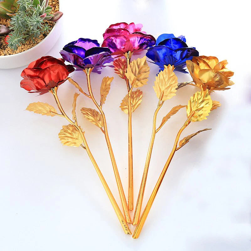 Foil rose bouquet with gold stems and multicolor metallic roses
