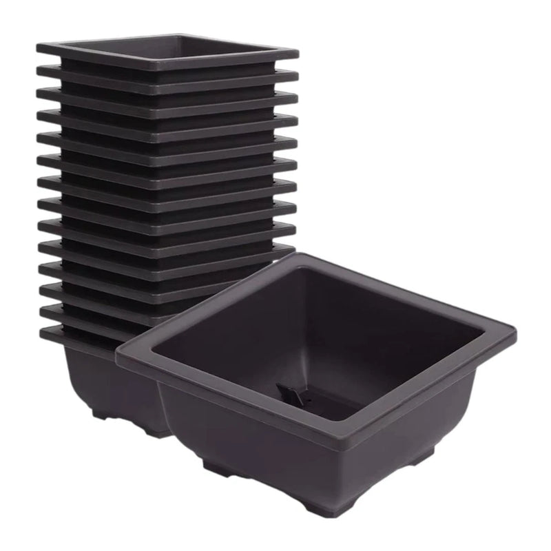Square black plastic flower pots, stackable set of 15 planters