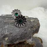 3D Sunflower Flower Pierced Earrings w/ Green Rhinestone Silver Tone Sunflower