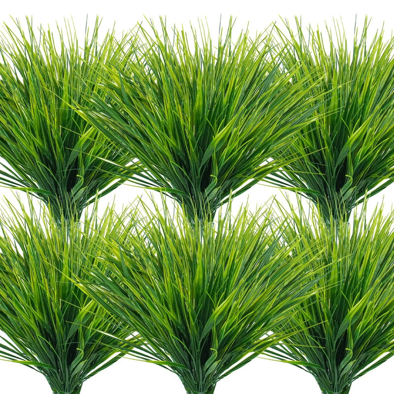 Faux green grass plant bundle with dense plastic blades, outdoor UV resistant style