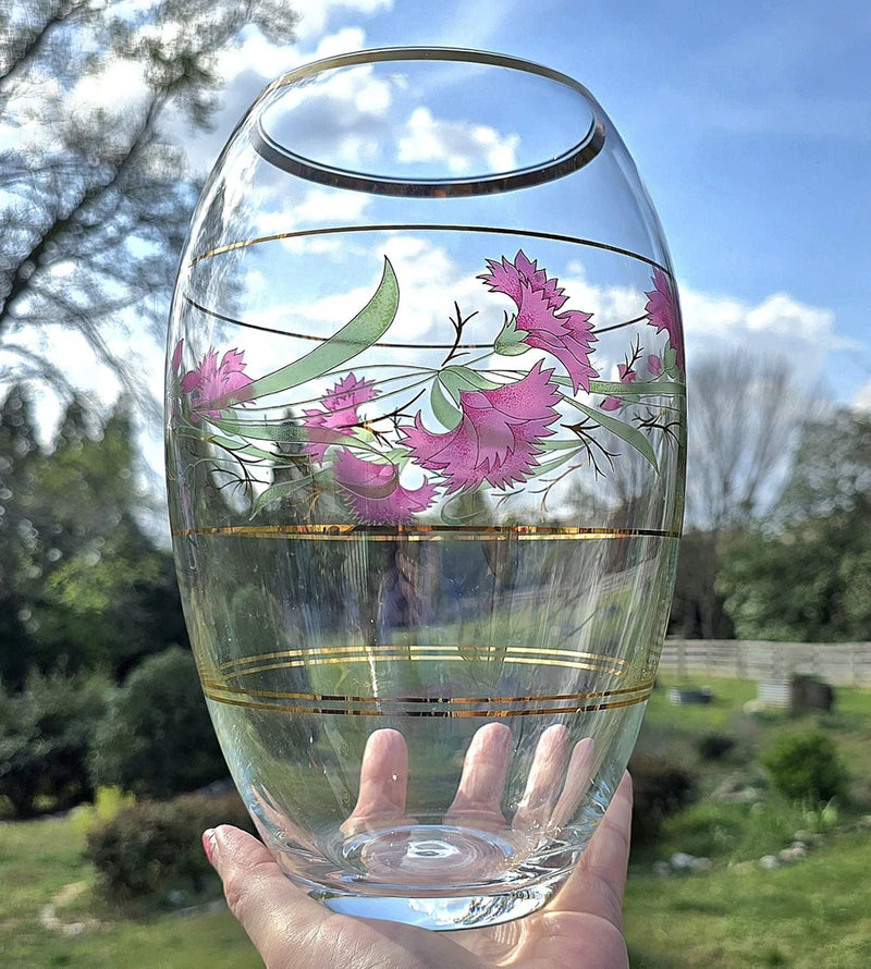 Vtg BOHEMIA CRYSTAL Vase Handblown Glass Red & Green Floral Gilded Rim Lg 10.25" Carnation