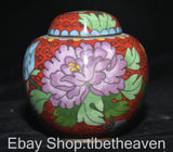 4" Old China Copper Cloisonne Enamel Palace Dynasty Peony Flower Red Tank Jar Peony
