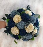 Navy Dusty Blue Bridal Bouquet Sola Wood Bridesmaid Wedding Artificial Flowers Bouquet