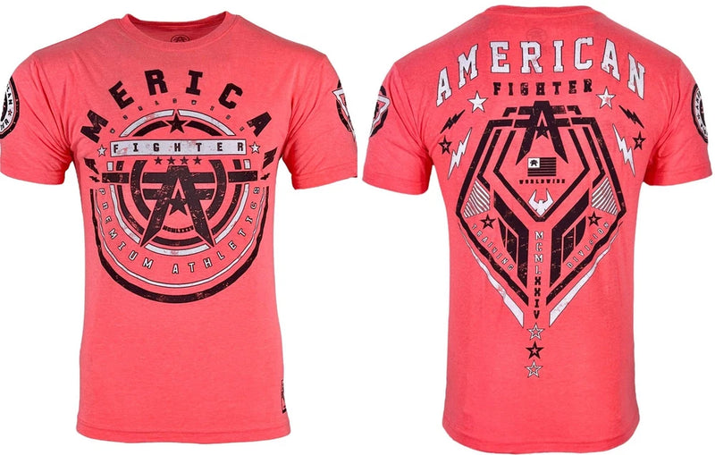 Men's pink graphic T-shirt with American Fighter crest, short sleeves