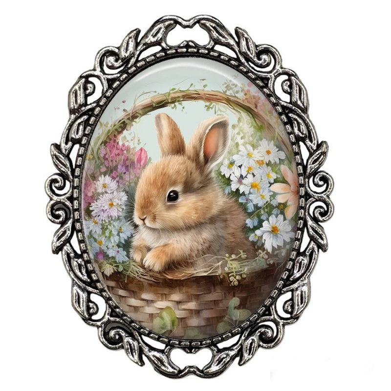 Spring Daisy Bunny Brooch Flower Basket & Bunny Rabbit Spring Time Jewelry Sunflower