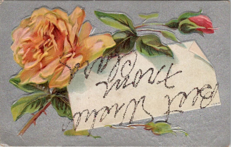 Vintage postcard with peach carnation and yellow rose, cream message card with cursive writing.