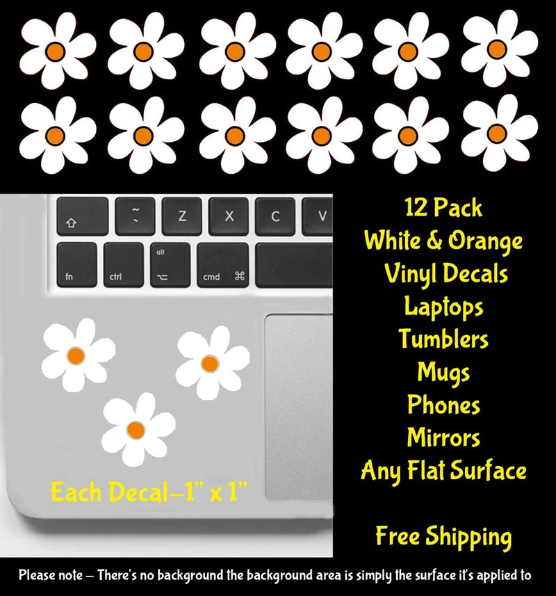 Daisy Hippie Flowers 12 PK 1" White & Orange Vinyl Decals Any Flat Surface Daisies