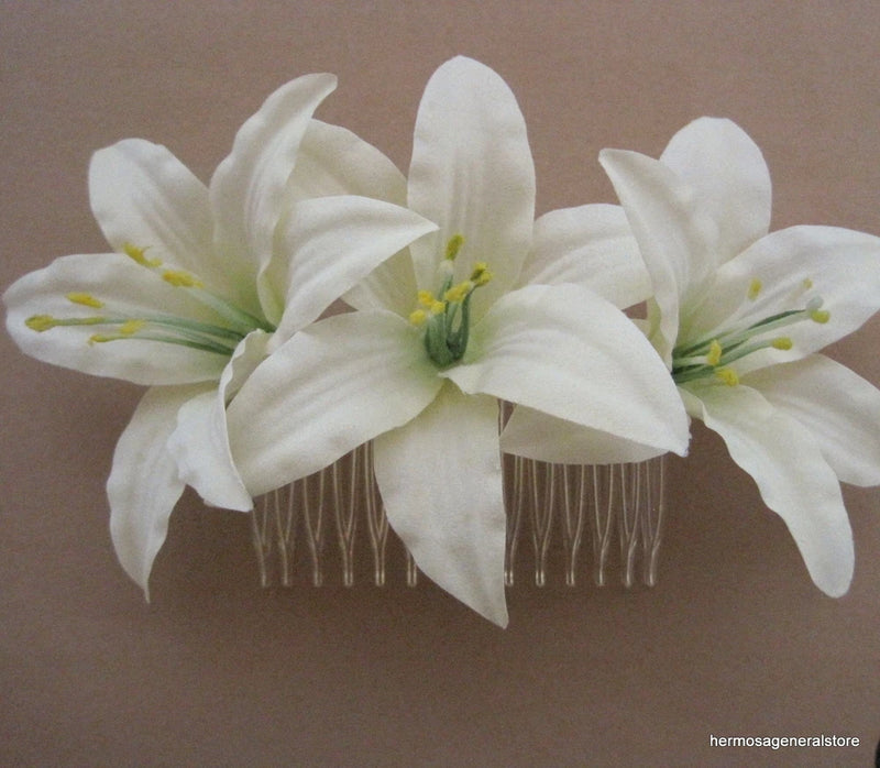 Triple 3 1/2" Cream Lily Silk Flowers Hair Comb, Bridal,Luau,Dance,Wedding,Prom Lily