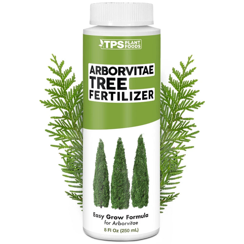 Arborvitae tree fertilizer bottle with green label, white cap, and evergreen tree graphic