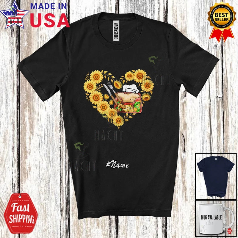 Black T-shirt with sunflower heart graphic and “#Name” text on chest