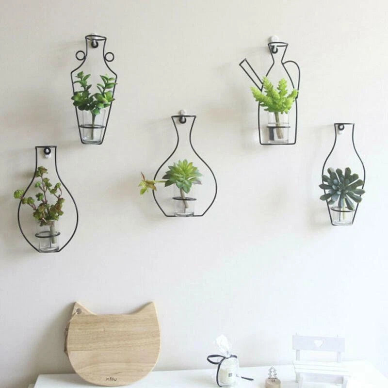 Iron wall hanging vase decor set with metal frames and small dried plants