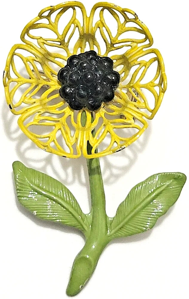Vintage Sunflower Filigree Yellow Green Painted Summer Brooch Pin Sunflower