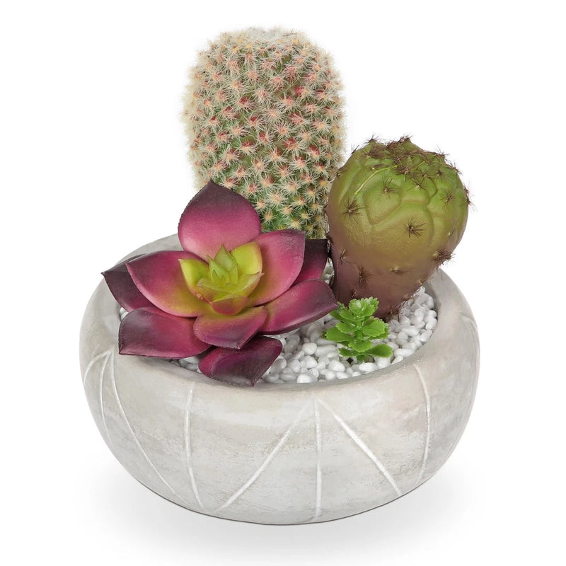 Artificial cactus and succulent plant in round gray faux-stone pot, with purple and green leaves