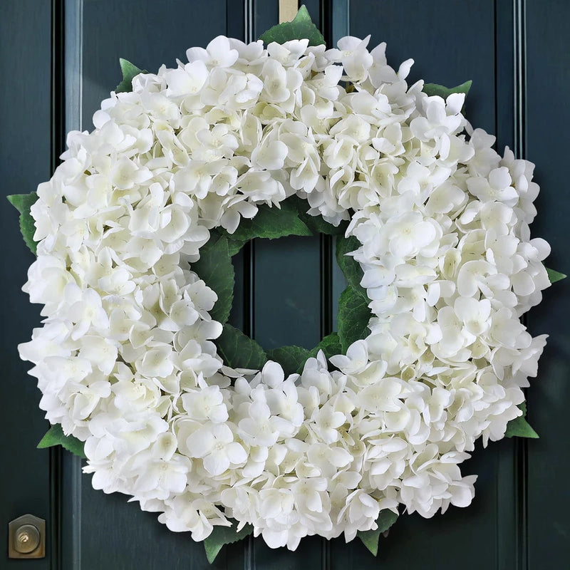 Artificial Hydrangea Wreath 21 IN Spring Summer White Flower Front Door Fuax Hydrangea