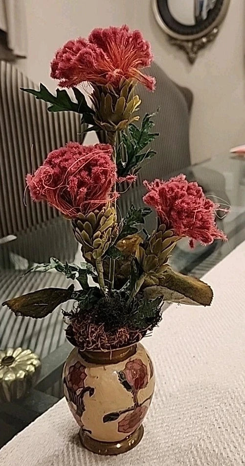 Vintage floral arrangement with pink flowers in brass enameled vase