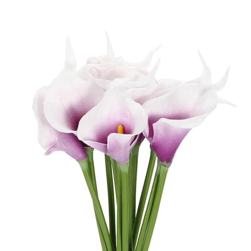 Artificial calla lily flower stems, white and purple blooms with yellow center