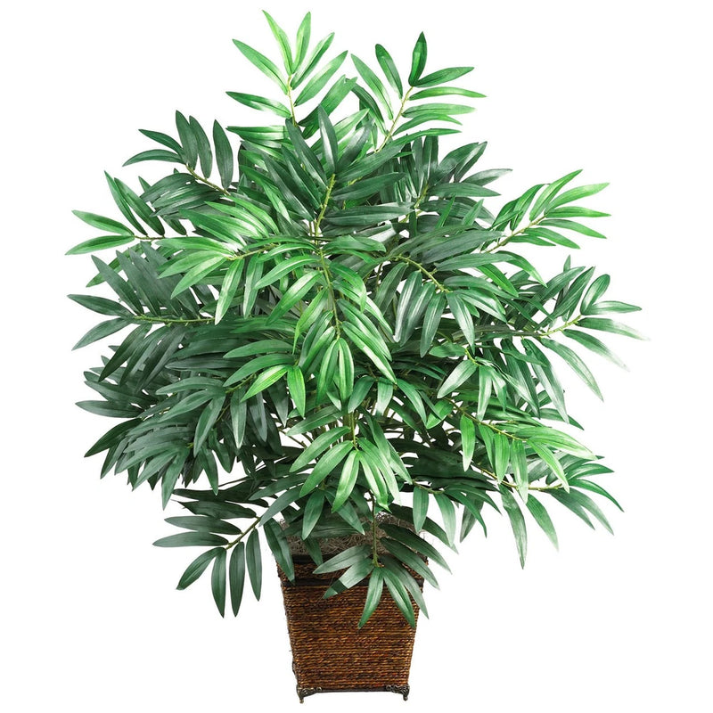Fake Artificial Bamboo Palm Plant w/ Wood Wicker Basket Green Plant