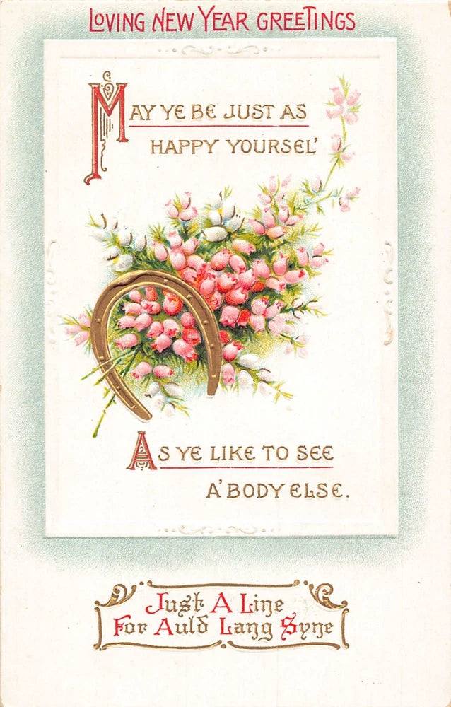 New Year greeting embossed postcard with horseshoe lily of the valley floral design