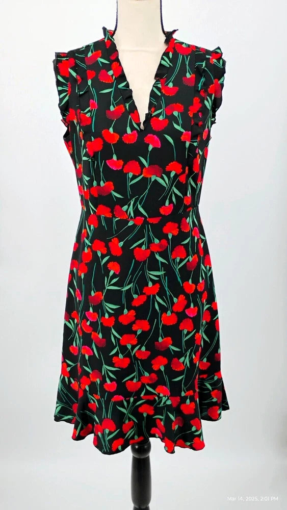 NEW Karl Lagerfeld Paris Black Red Carnation Flowers Dress Sleeveless Ruffle 6 Carnation