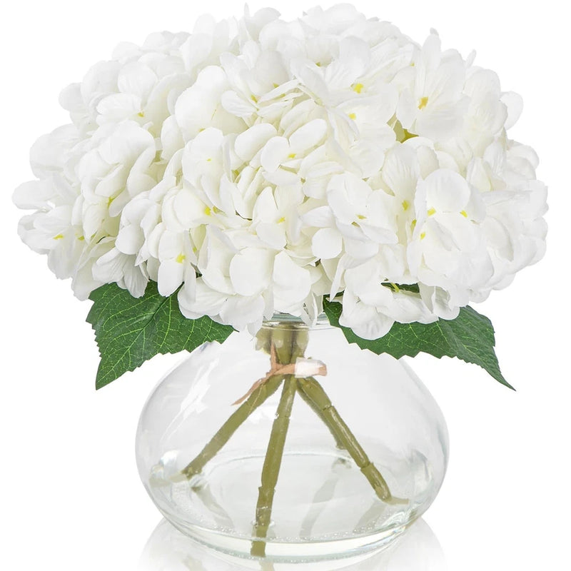 Artificial Hydrangea Flowers with Glass Vase, White Silk Fake Floral Arrangem... Hydrangea