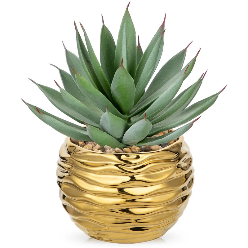 Faux aloe plant with frosted green leaves in gold ceramic pot
