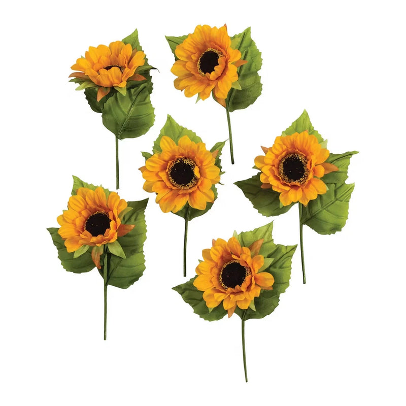 Set of faux sunflower stems with orange petals and dark centers, green leaves, 6 pieces