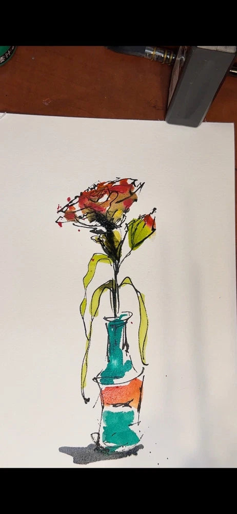 Framed watercolor carnation painting of a flower in a vase, wall art