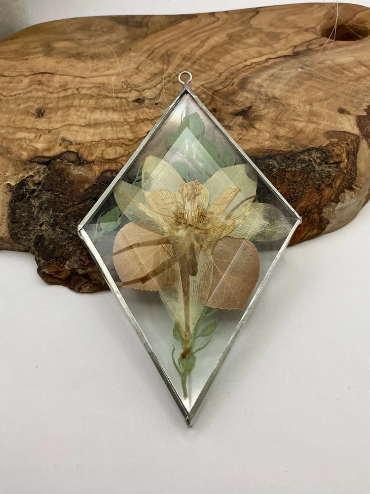 Handmade Glass Window Hanging or Ornament With Pressed Flowers Diamond Shape Dried Flower