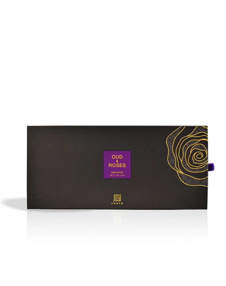 Incense tablets box, dark with gold swirl art and purple Oud & Roses label