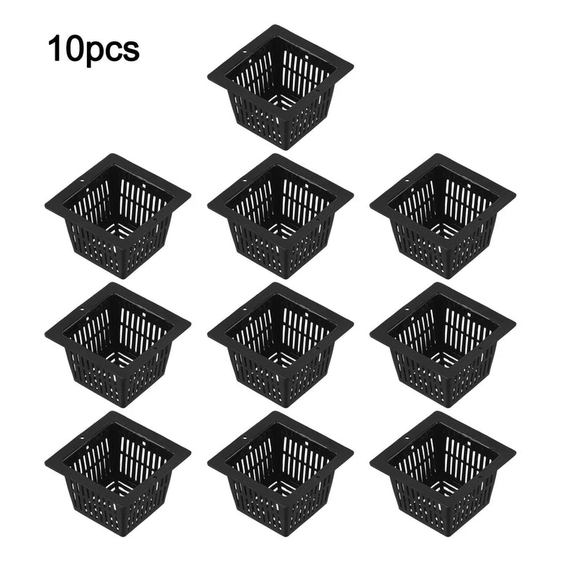 Set of 10 black mesh net plant pots with square sides and open lattice design