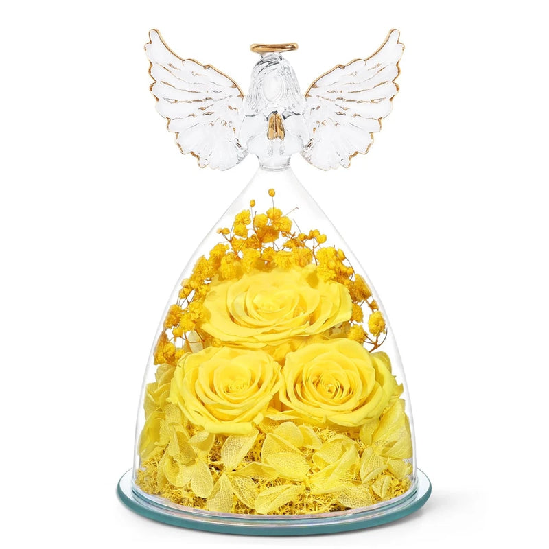 Eternal preserved yellow rose under glass dome with angel wings