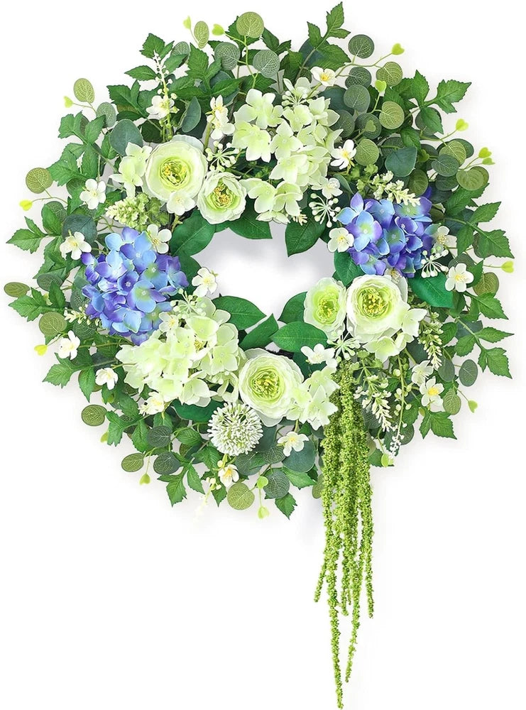 26" Hydrangea & Eucalyptus Wreath for Front Door, Porch, Window - Large Artifici Hydrangea