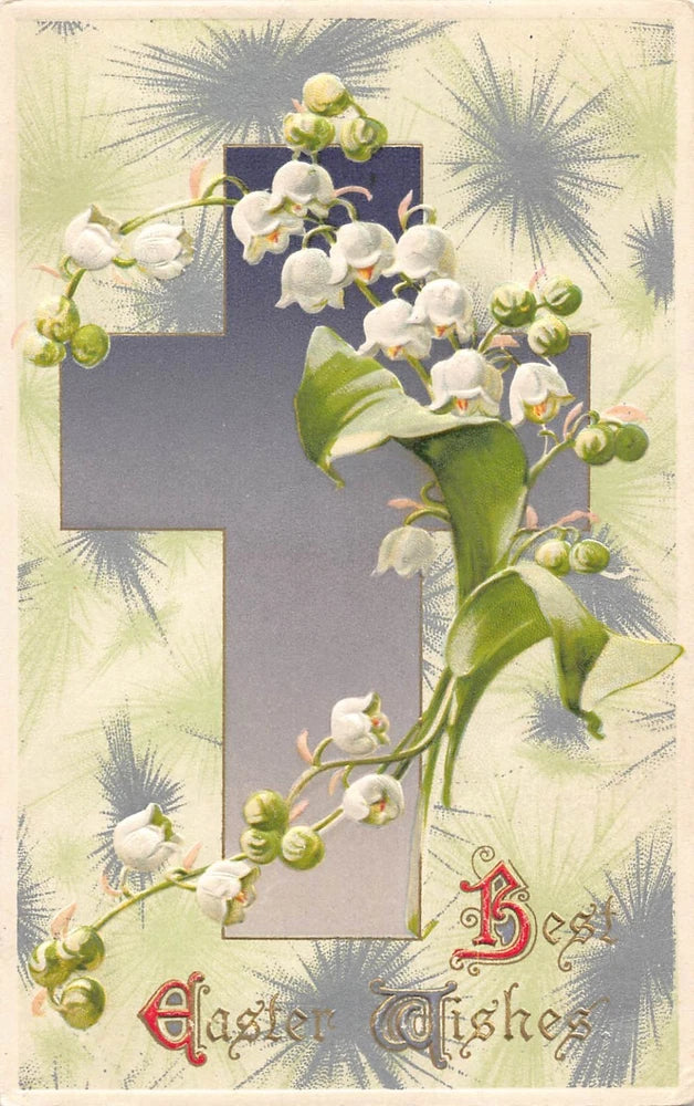 Easter greetings postcard with embossed cross and lily of the valley flowers