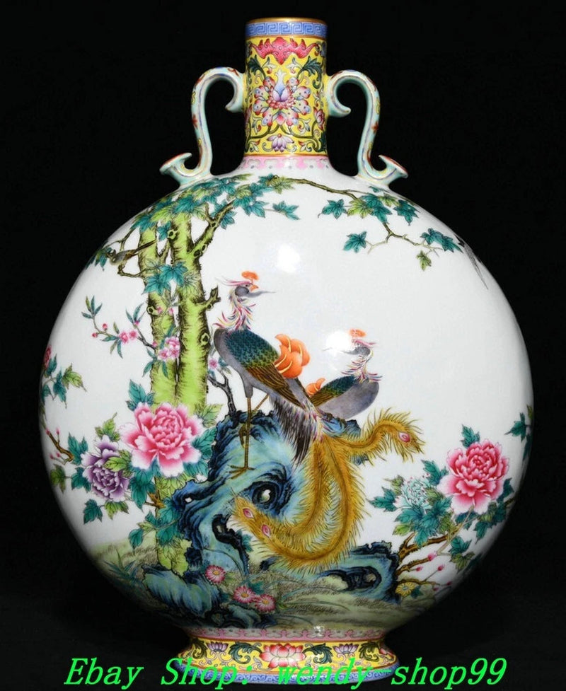 Decorative porcelain bottle vase with famille rose birds, peony flowers, and gilt accents